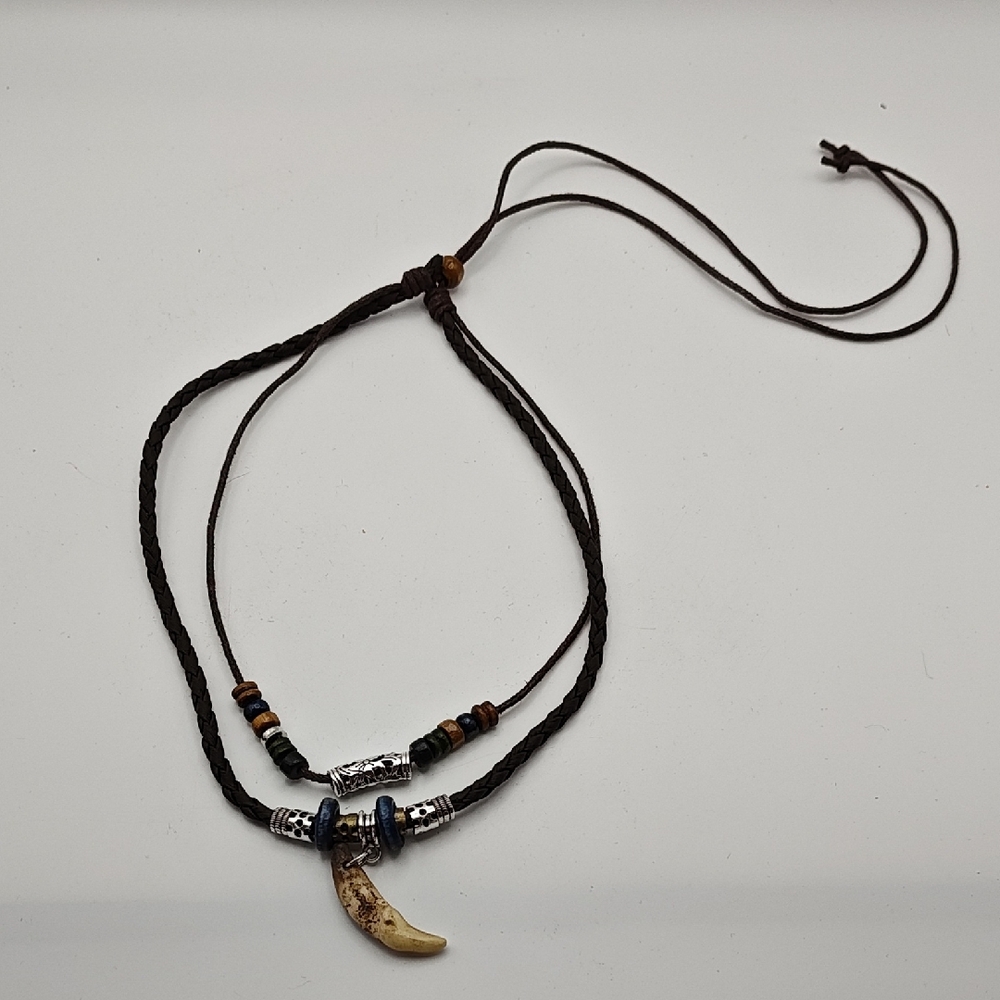 Brown Cord Necklace with Beads and Tooth Pendant
